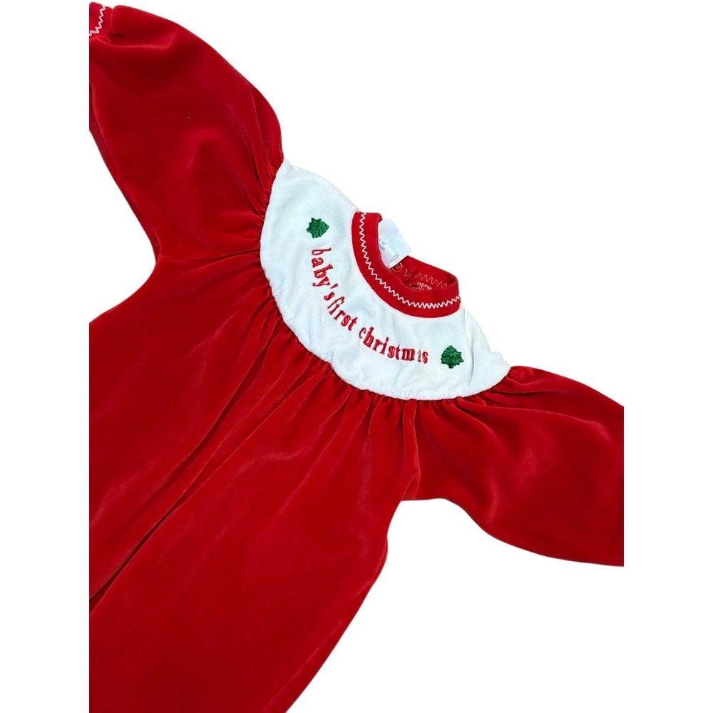VTG Baby's First Christmas Red Velour Bubble Romper One Piece Embroidered SZ 3/6